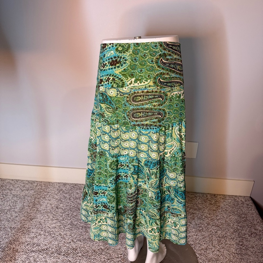 EMMA JAMES Flowy Boho Maxi Skirt Paisley Earthy Summer Spring Sage Green Size 6 - Picture 9 of 11